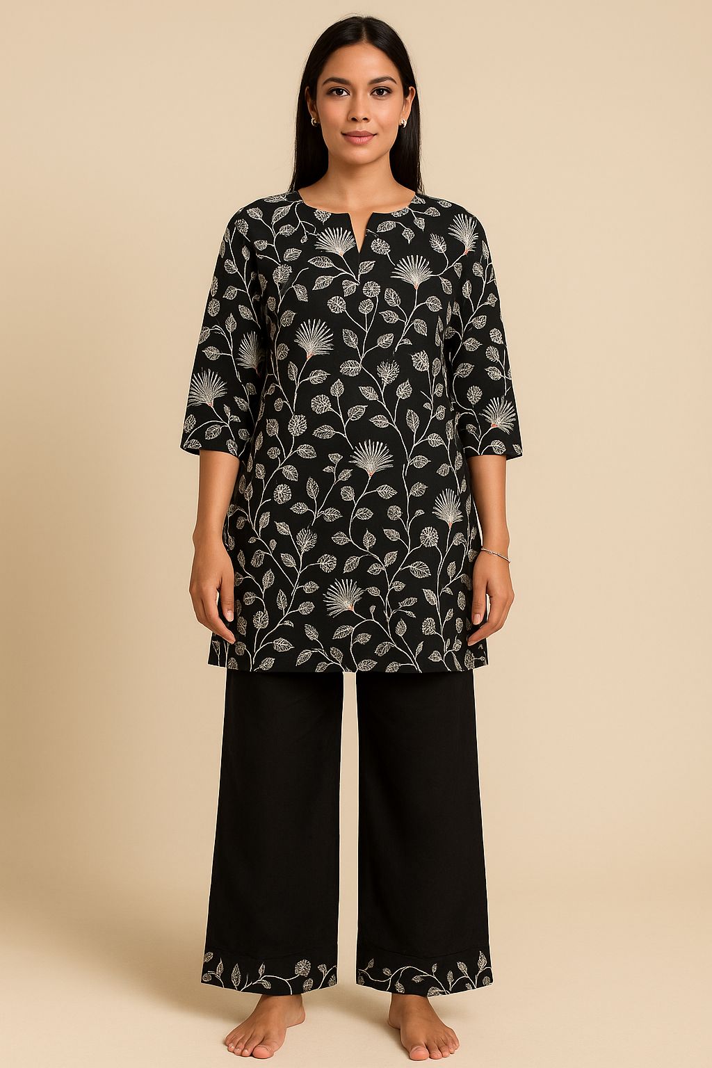 Black Floral Block Print Kurta Set
