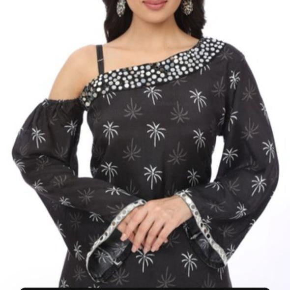 Black One-Shoulder Kurta with Silver Mirror Work and Flared Sleeves