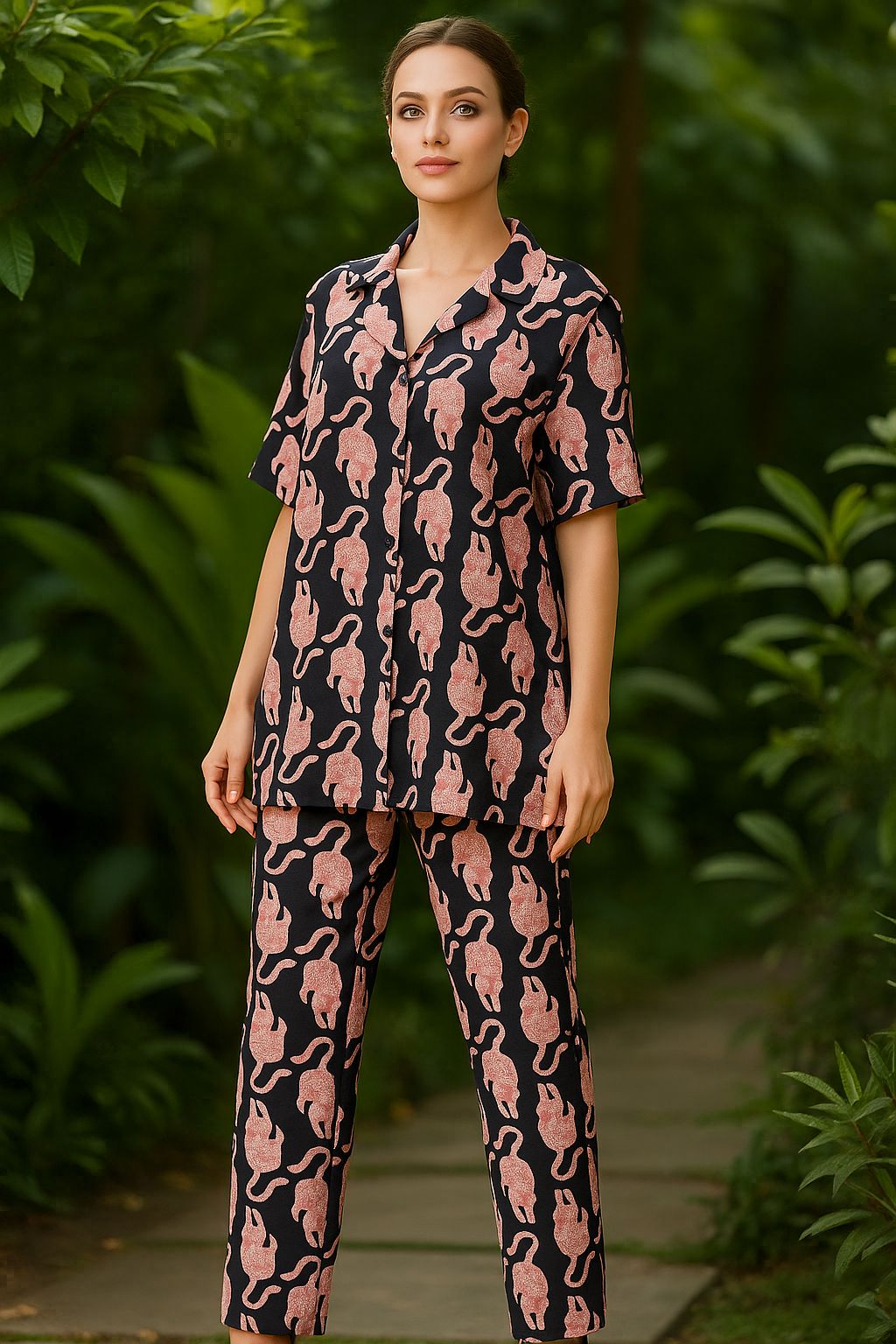 Black Cat Print Co-ord Lounge Set