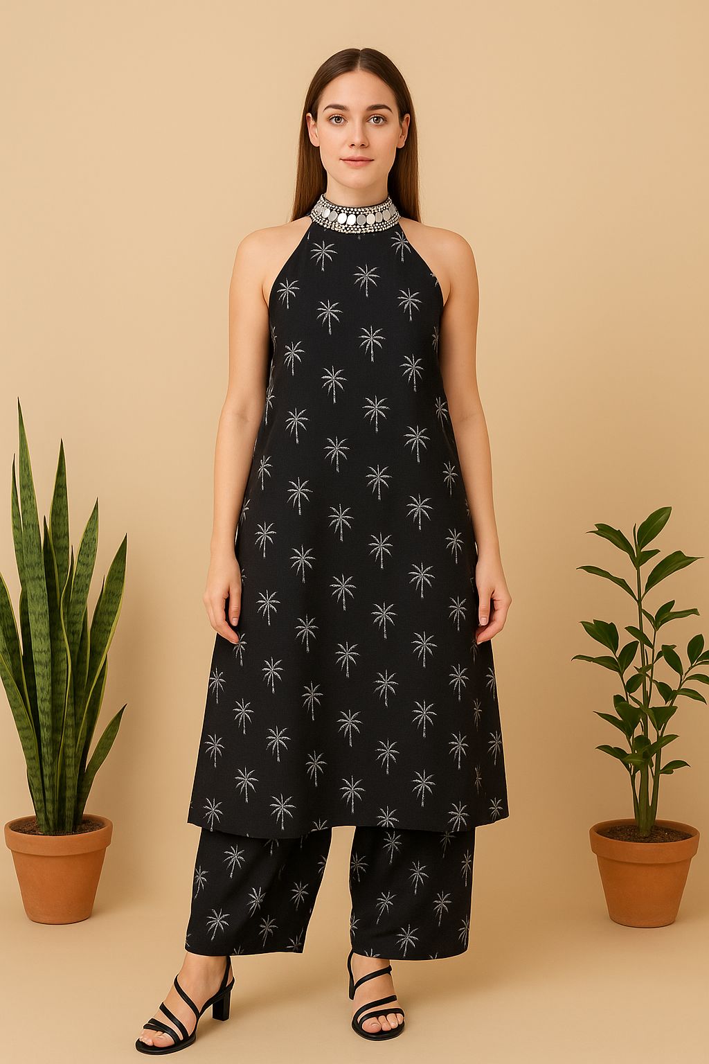 Black Halter Kurta Set with Embroidered Silver Motifs