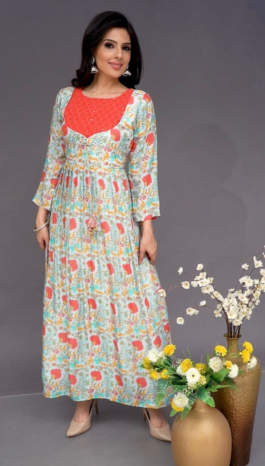 Red Yoke Gown  – Block Print