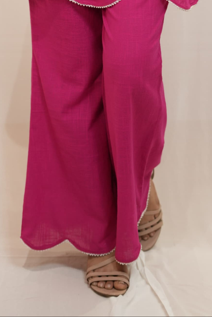 "Magenta Sleeveless Scallop Co-Ord Set with Leaf Motif"