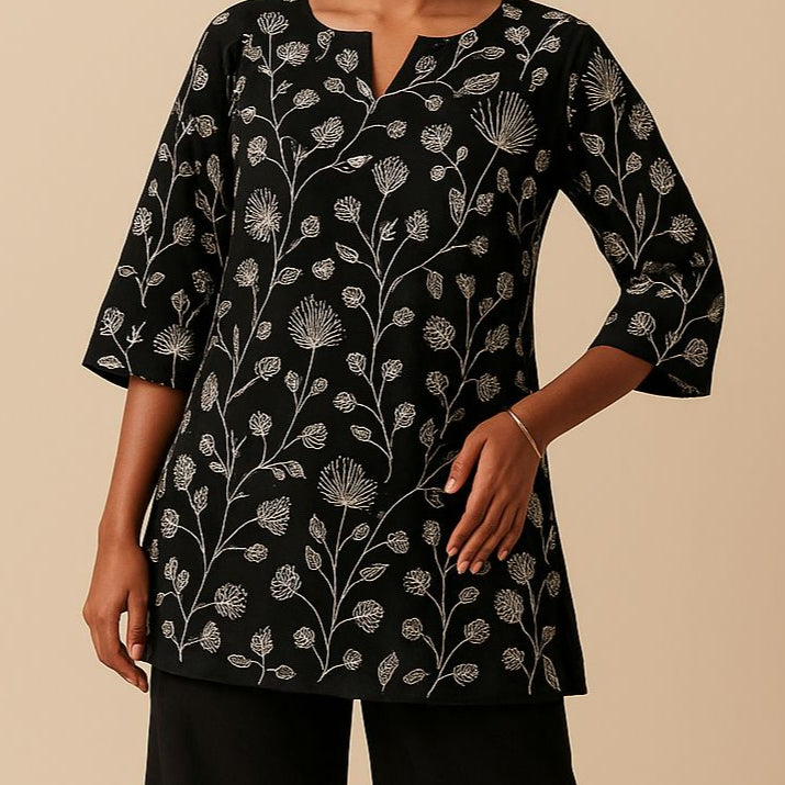 Black Floral Block Print Kurta Set