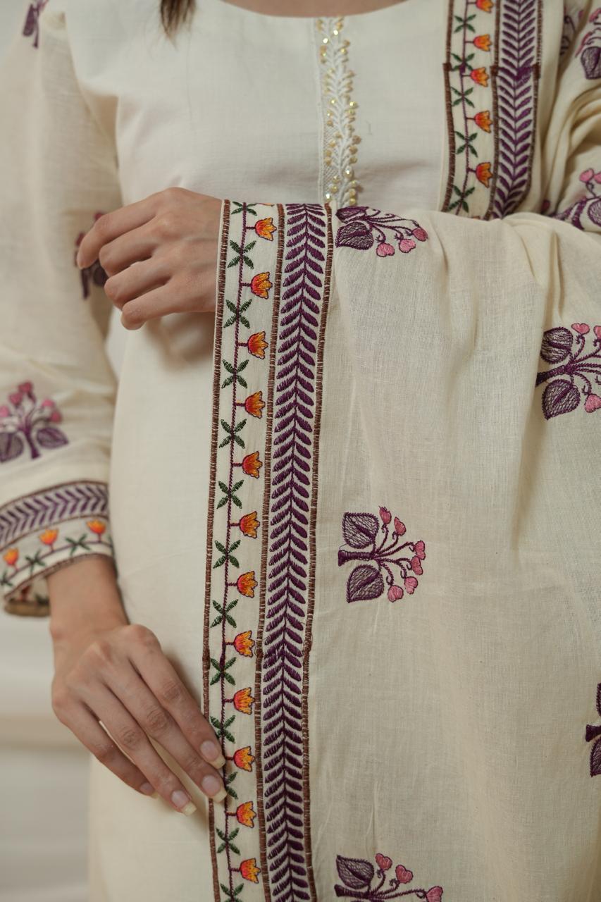 "Elegant Off-White Block Print Kurta Set with Embroidered Dupatta"