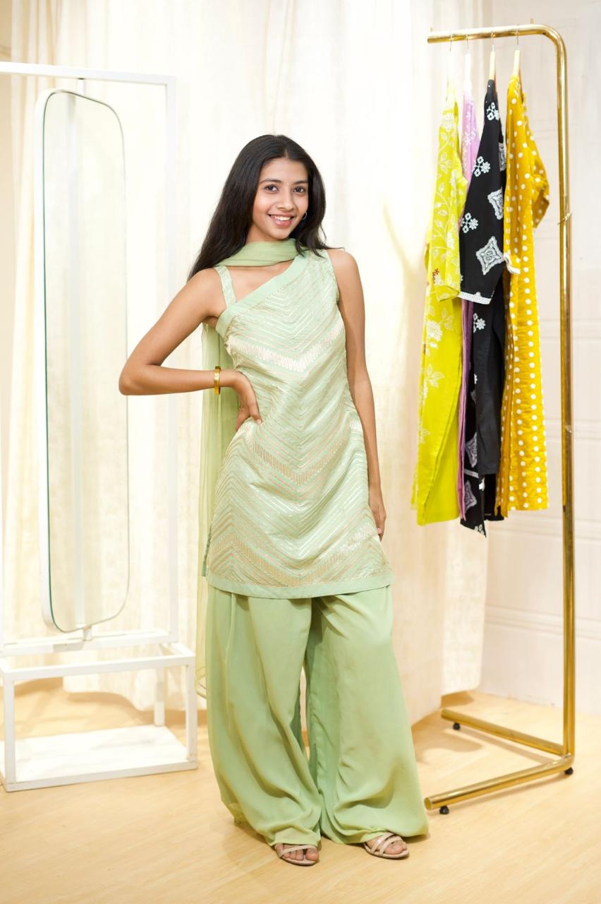 Asymmetric Strappy Chevron Sequin Kurta Set (Blue and Mint Variants) - ONE SHOULDER SET - Rever