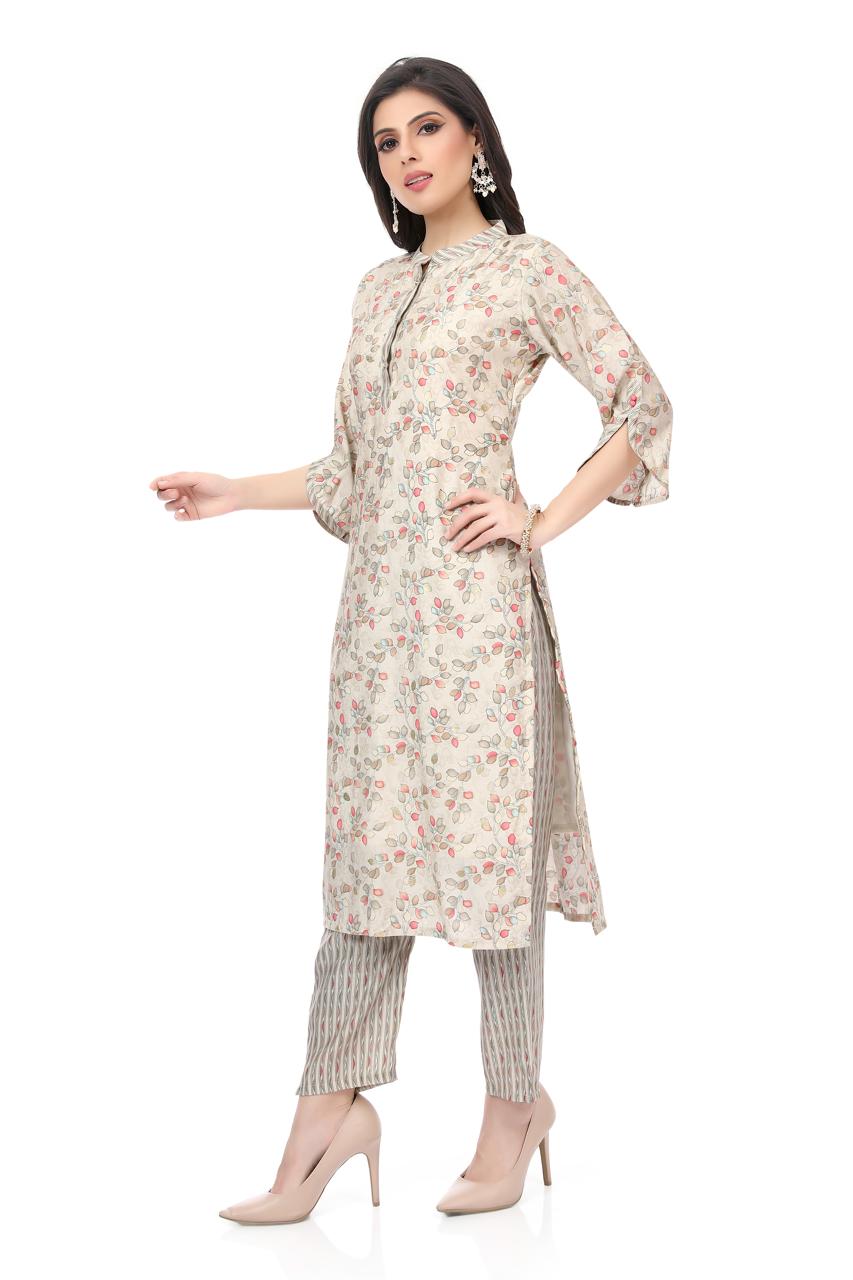 "Beige Floral Printed Cotton Kurta Set with Striped Pants" - KURTI PANT - Rever
