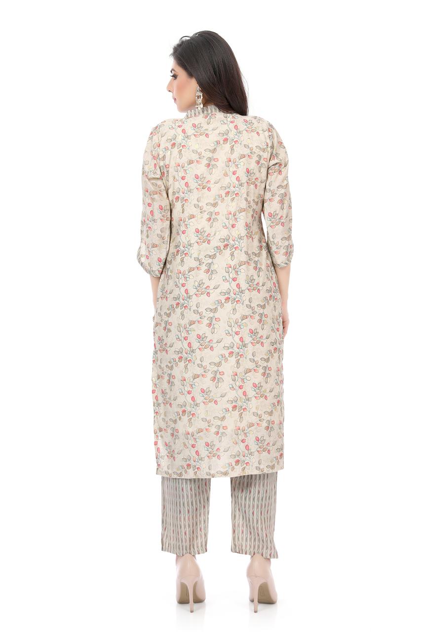 "Beige Floral Printed Cotton Kurta Set with Striped Pants" - KURTI PANT - Rever