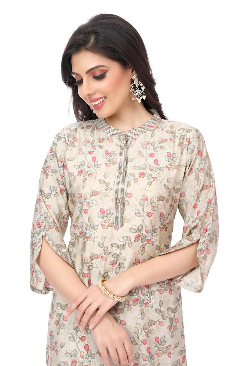 "Beige Floral Printed Cotton Kurta Set with Striped Pants" - KURTI PANT - Rever