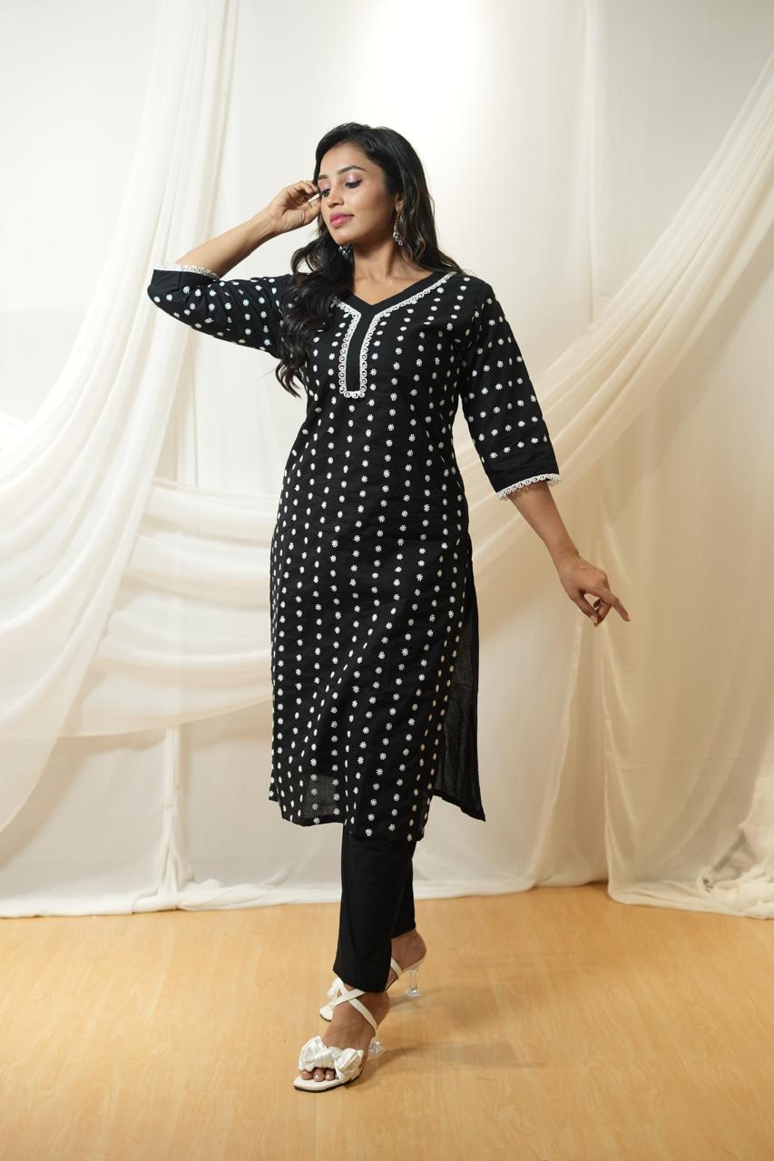 "Black Embroidered Kurta Set with Straight Pants" - KURTI PANT - Rever