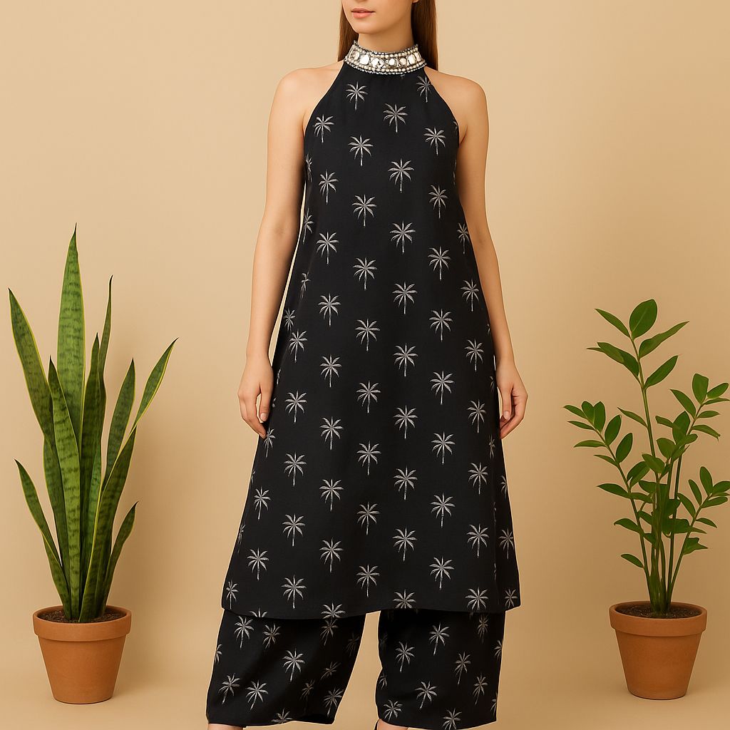 Black Halter Kurta Set with Embroidered Silver Motifs - KURTI PANT - Rever