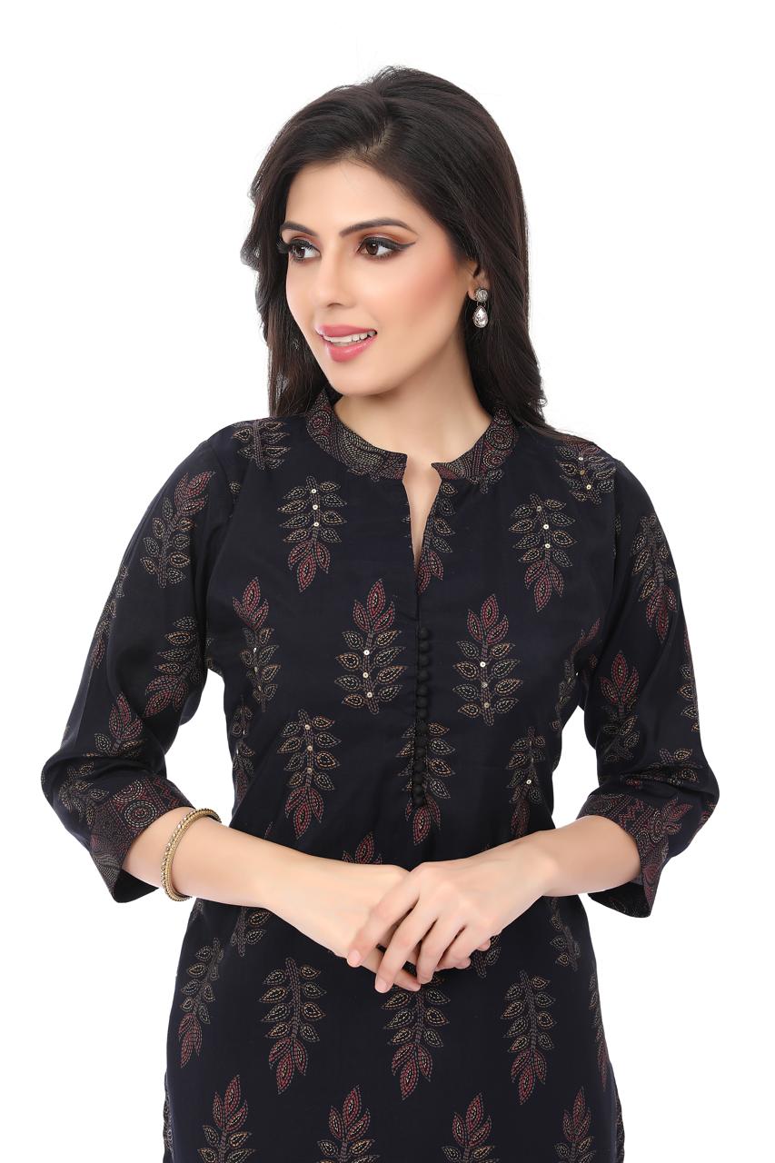 "Black Leaf Motif Printed Straight Kurta" - KURTI DHOTI - Rever