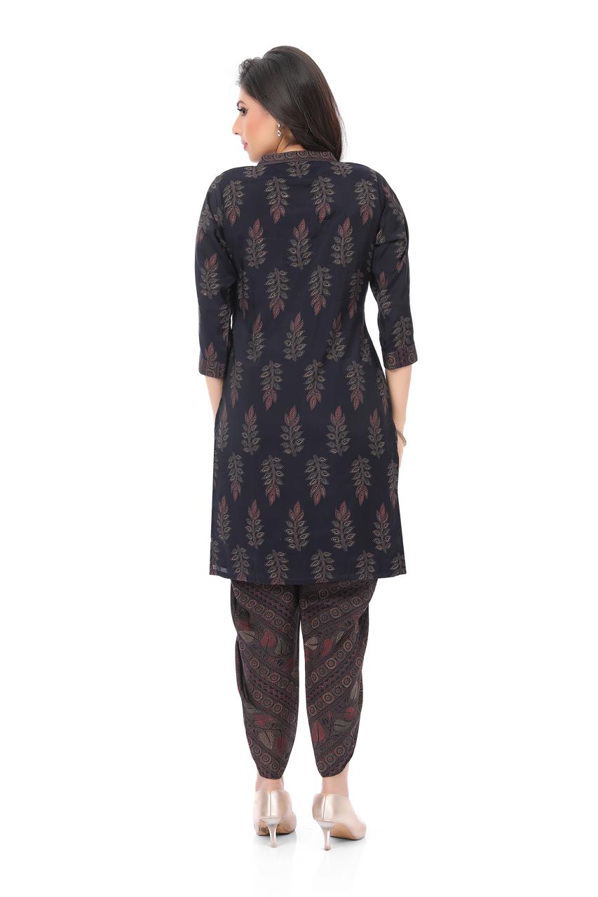 "Black Leaf Motif Printed Straight Kurta" - KURTI DHOTI - Rever