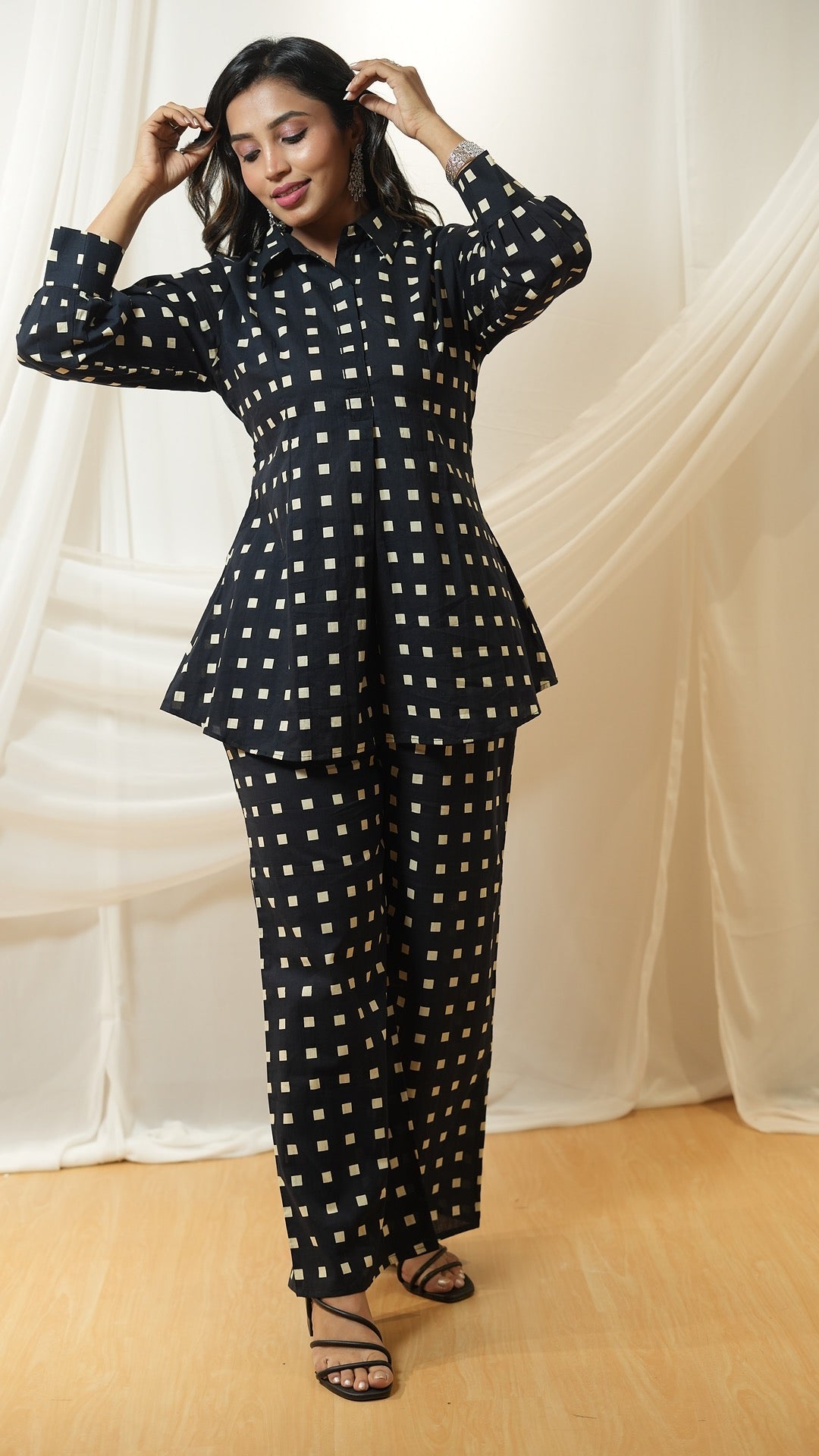 Black & White Checkered Co - Ord Set – Cotton Peplum shirt with Straight Pants - Rever