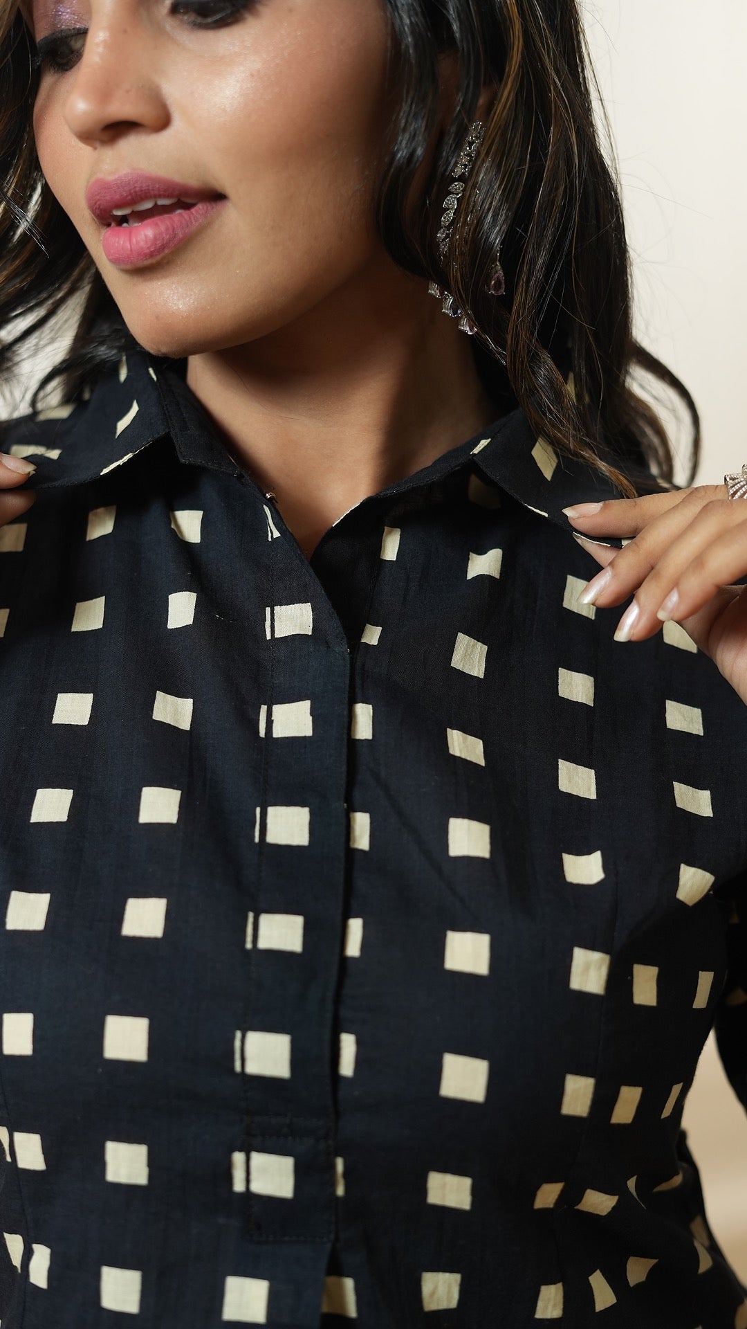 Black & White Checkered Co - Ord Set – Cotton Peplum shirt with Straight Pants - Rever