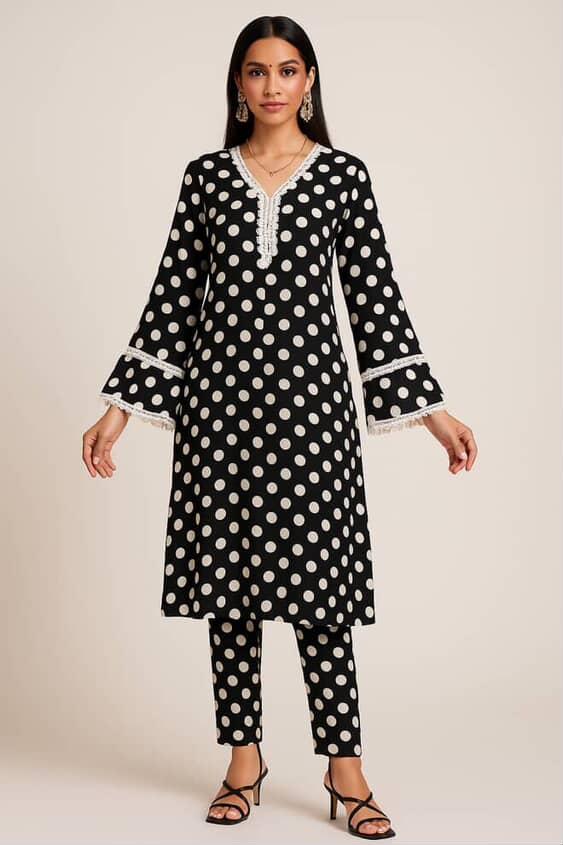 Black & White Polka dot printed Crepe Kurta Set - KURTI PANT - Rever