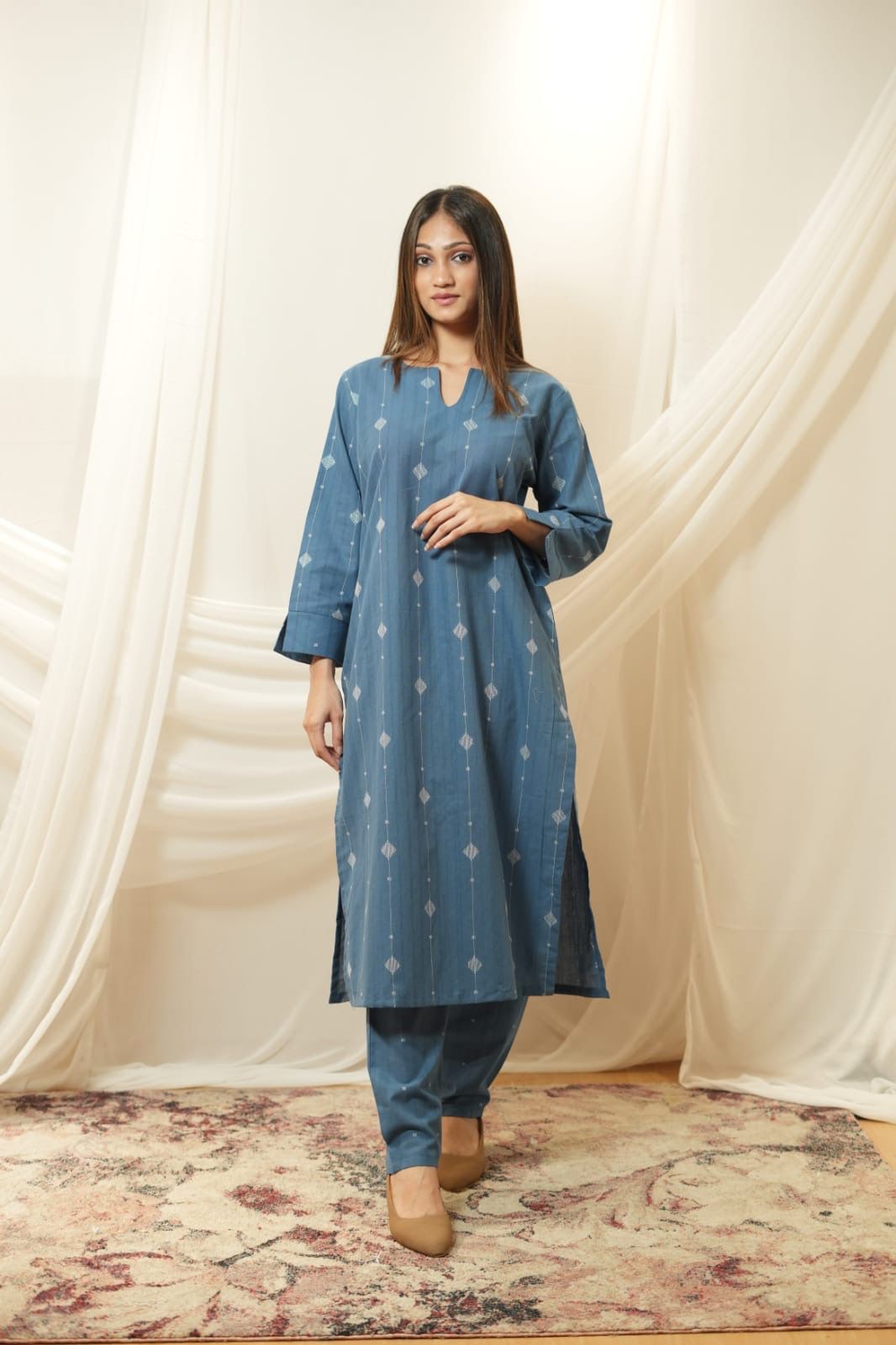 Blue Ikat Printed Straight Kurta Set - KURTI PANT - Rever