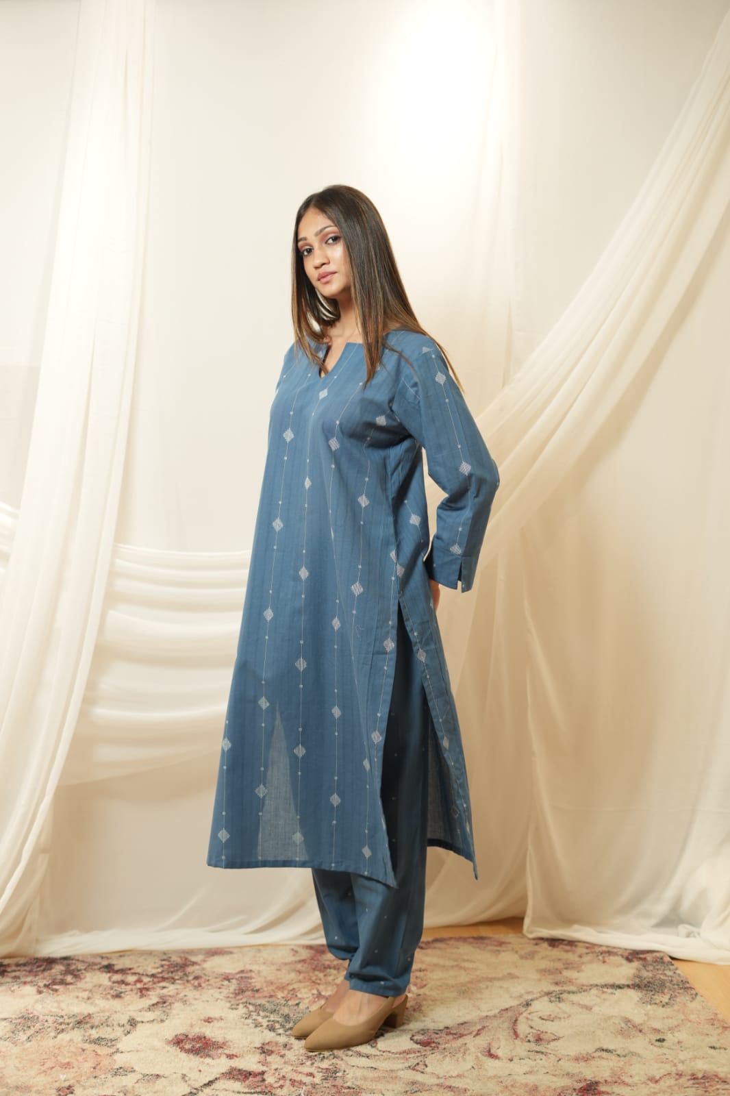 Blue Ikat Printed Straight Kurta Set - KURTI PANT - Rever
