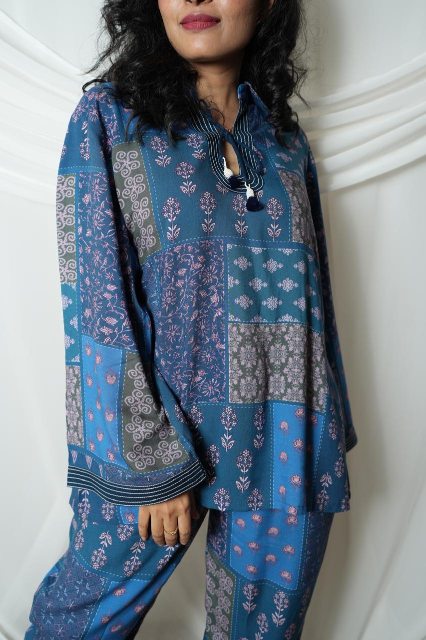 Blue Patchwork Printed Co - ord Set - CORD SET - Rever
