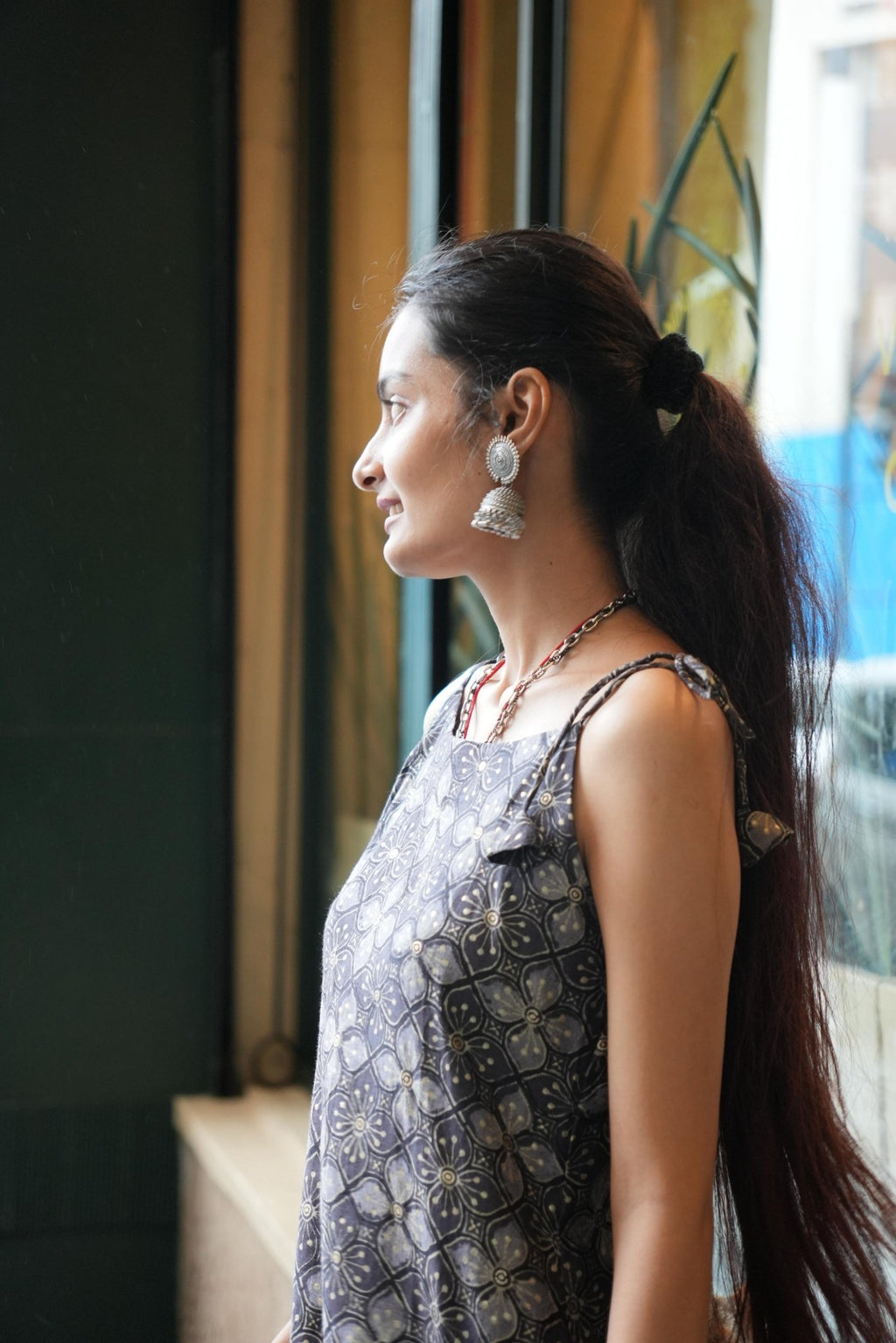 Boho Metallic Print Tie - Up Kurti - SHORT KURTI - Rever