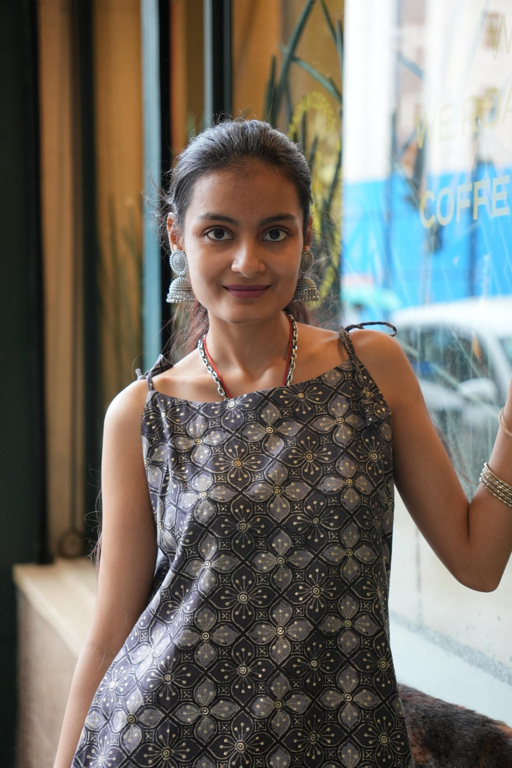 Boho Metallic Print Tie - Up Kurti - SHORT KURTI - Rever