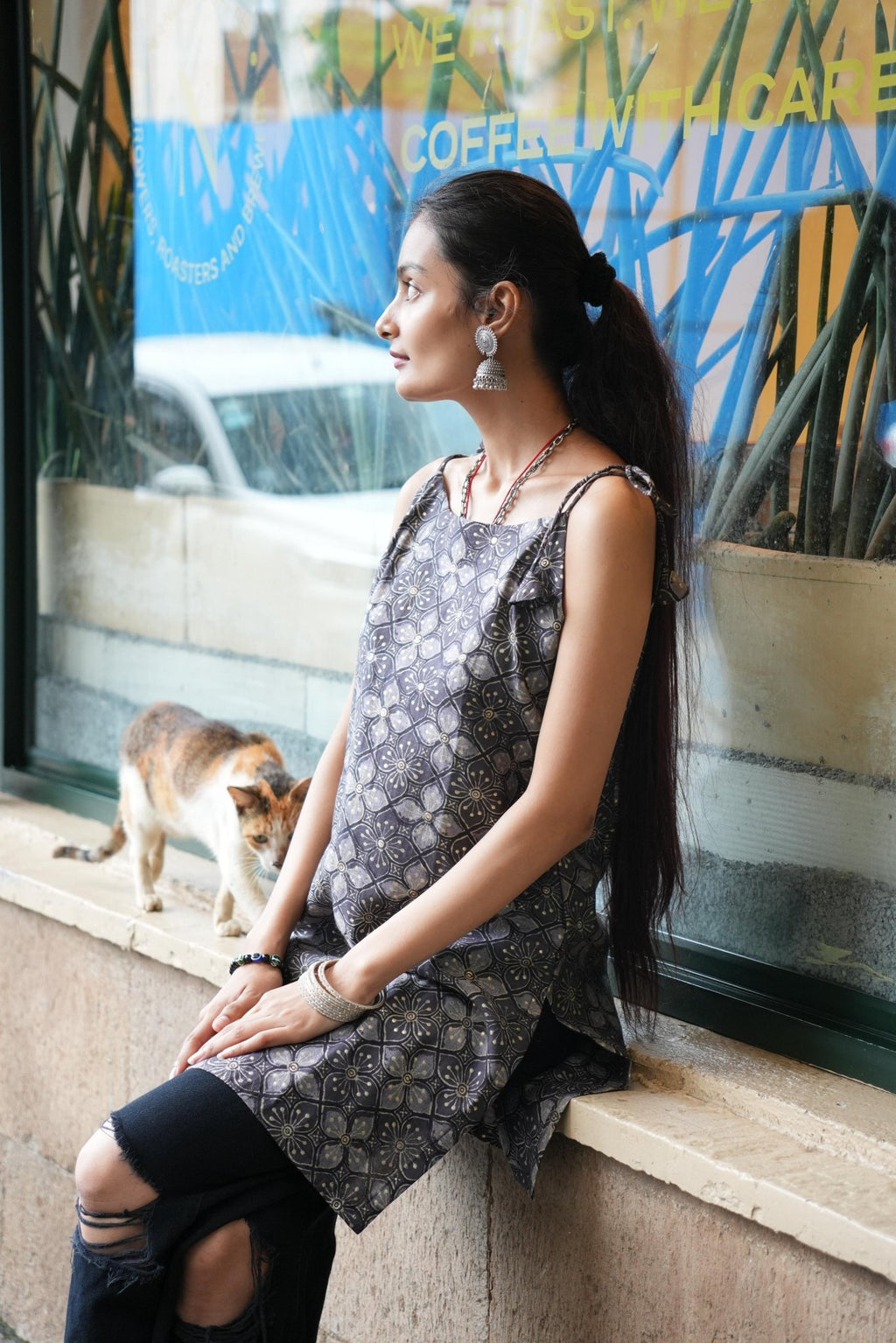 Boho Metallic Print Tie - Up Kurti - SHORT KURTI - Rever