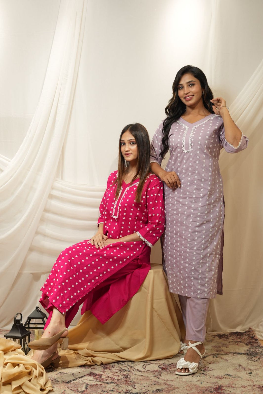 Boondi Cotton Kurta Set (Fuchsia & Lilac)Floral Embroidered - KURTI PANT - Rever