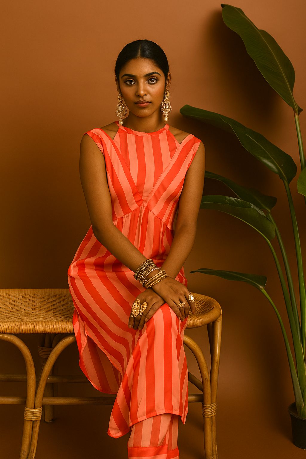 Coral Stripe Sleeveless Indo - Western Suit Set - KURTI PANT - Rever