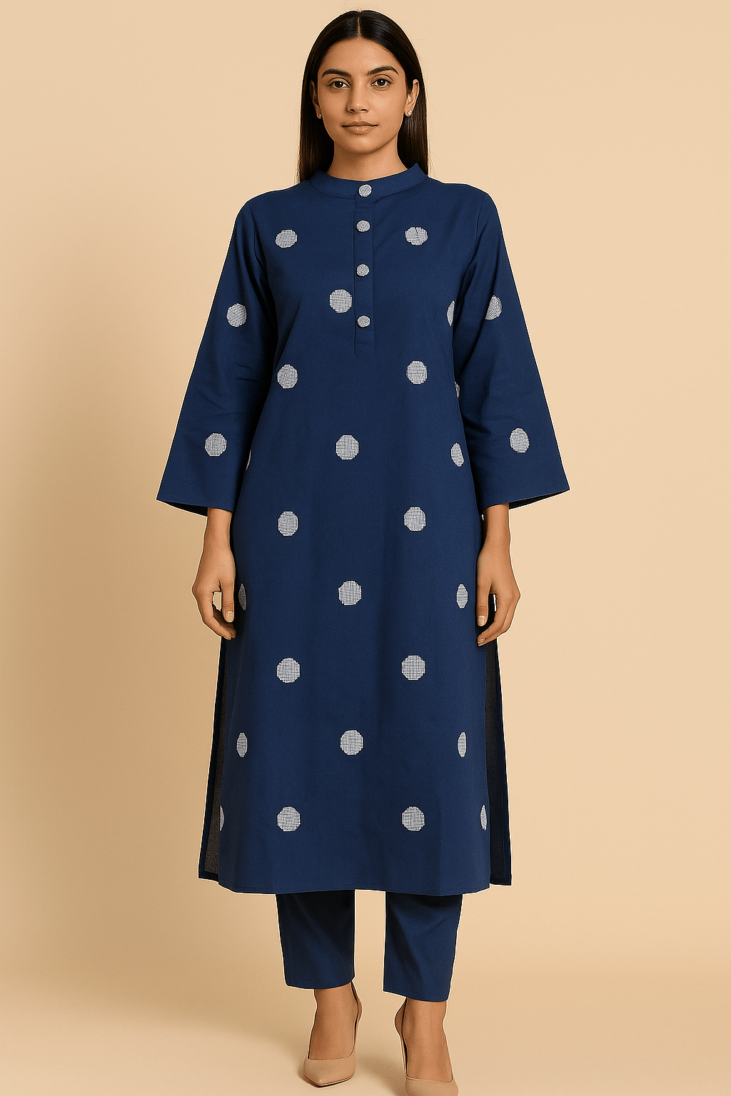 Ivory Blue Polka Dot Cotton Kurta Set - KURTI PANT - Rever