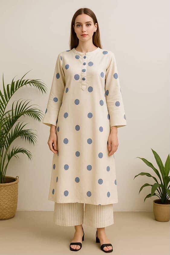 Ivory Blue Polka Dot Cotton Kurta Set - KURTI PANT - Rever