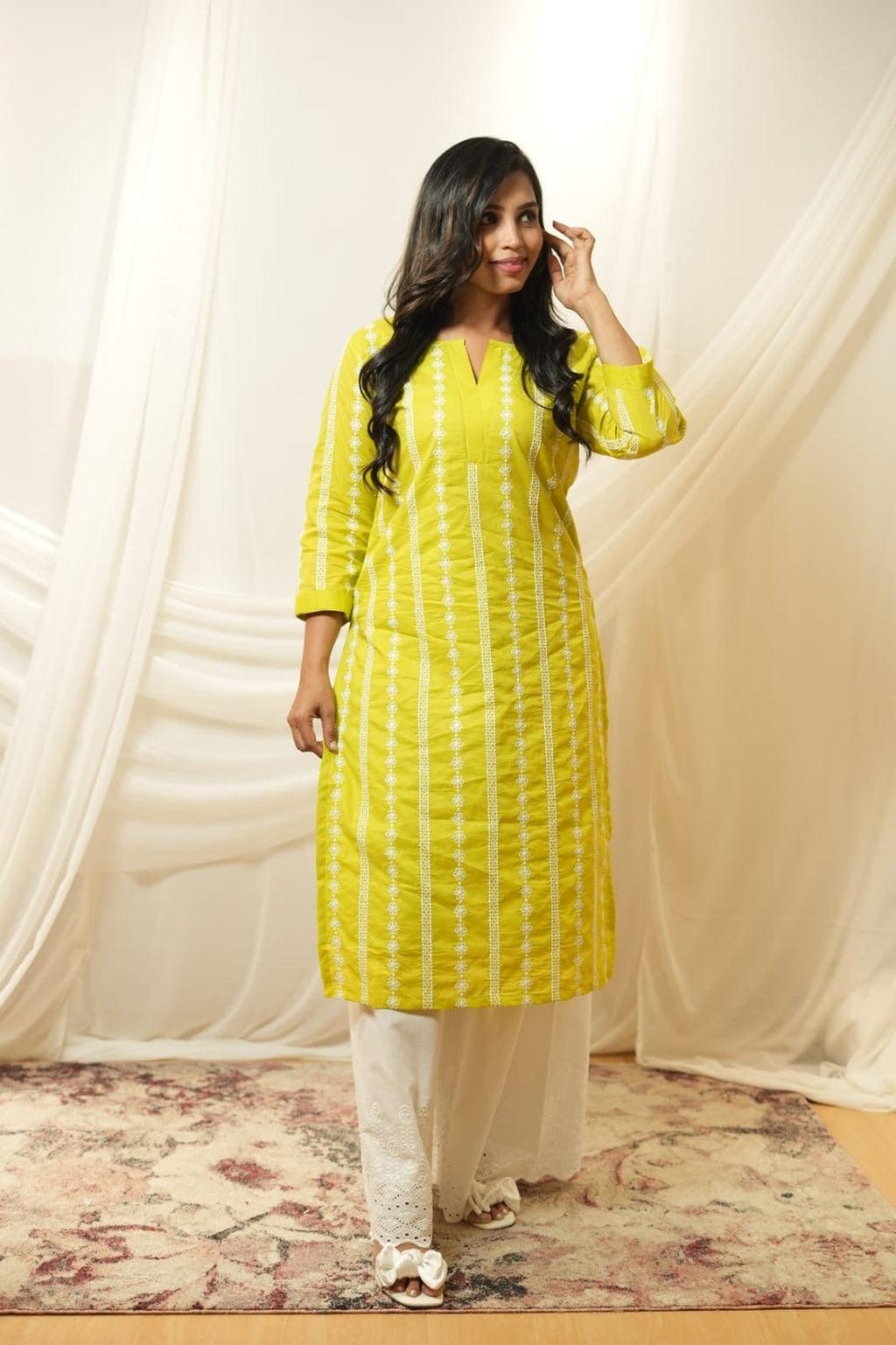 Lime Yellow Cotton Kurta with White Embroidery - Rever