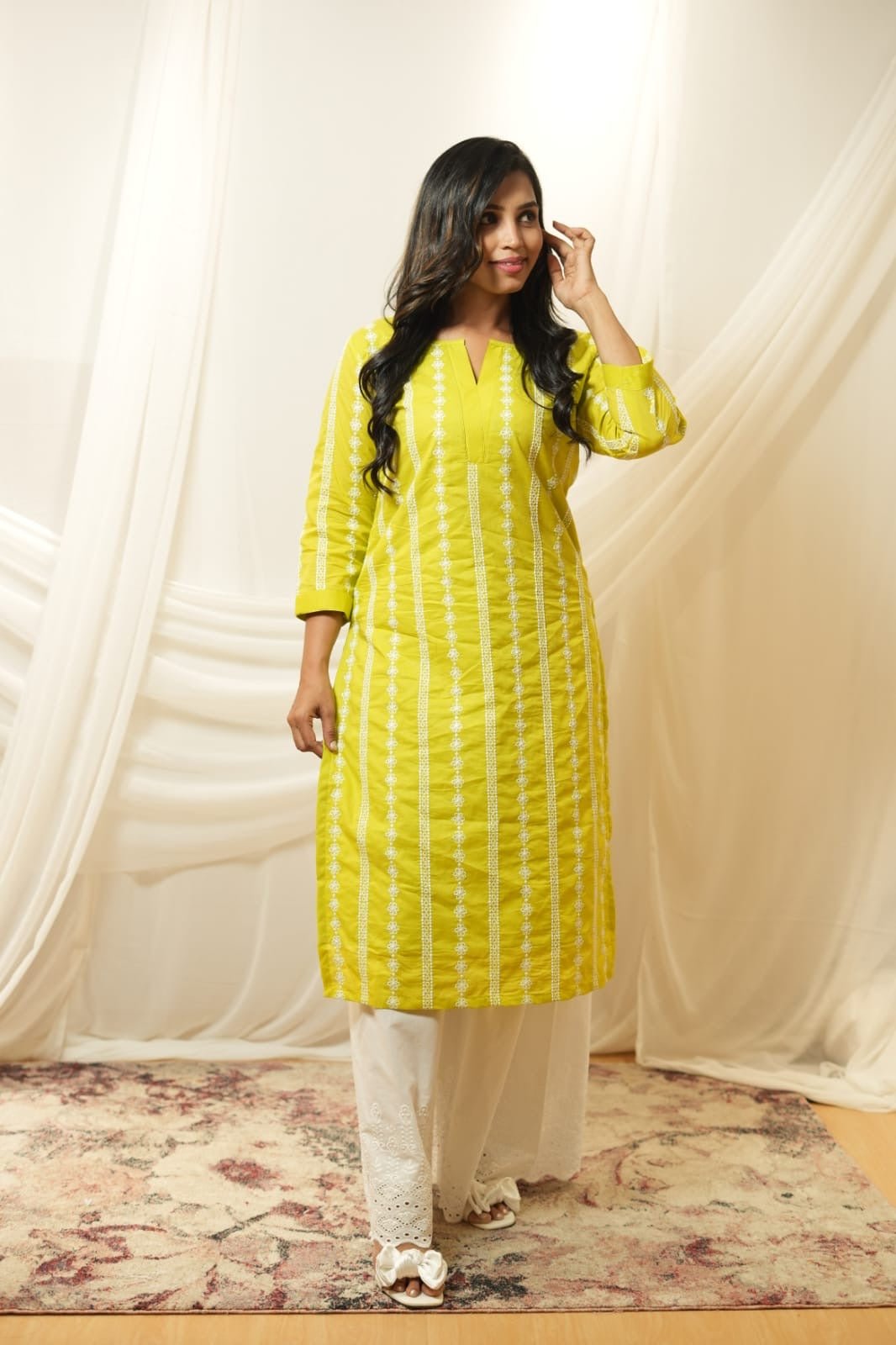 Lime Yellow Cotton Kurta with White Embroidery - Rever
