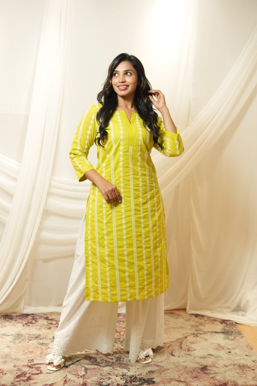 Lime Yellow Cotton Kurta with White Embroidery - Rever