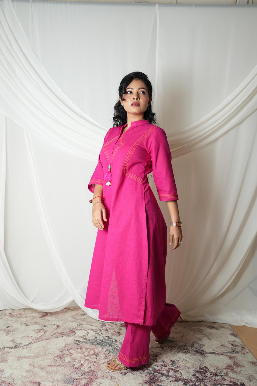 "Magenta Cotton Straight Kurta Set with Palazzo" - CORD SET - Rever