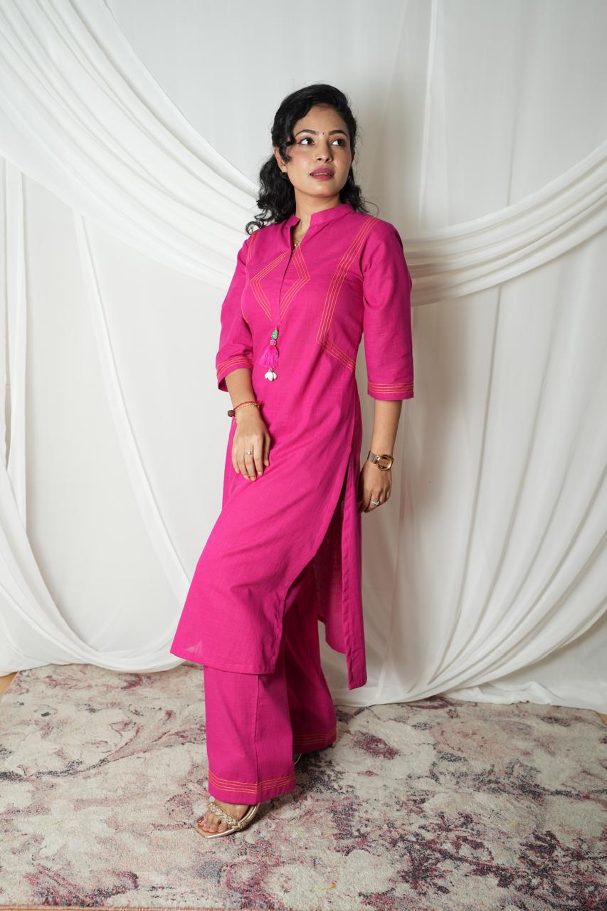 "Magenta Cotton Straight Kurta Set with Palazzo" - CORD SET - Rever