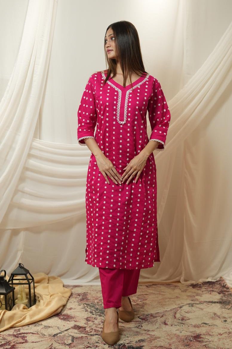 Magenta Floral Embroidered Kurta Set - KURTI PANT - Rever