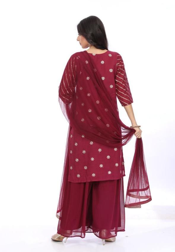 Maroon Floral Sequin Embroidered Kurta - KURTI PANT WITH DUPATTA - Rever