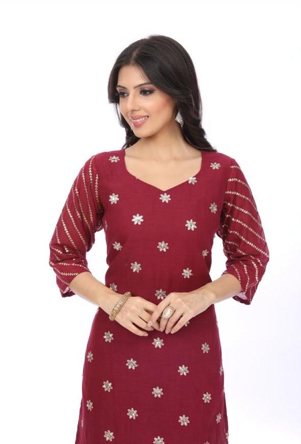 Maroon Floral Sequin Embroidered Kurta - KURTI PANT WITH DUPATTA - Rever