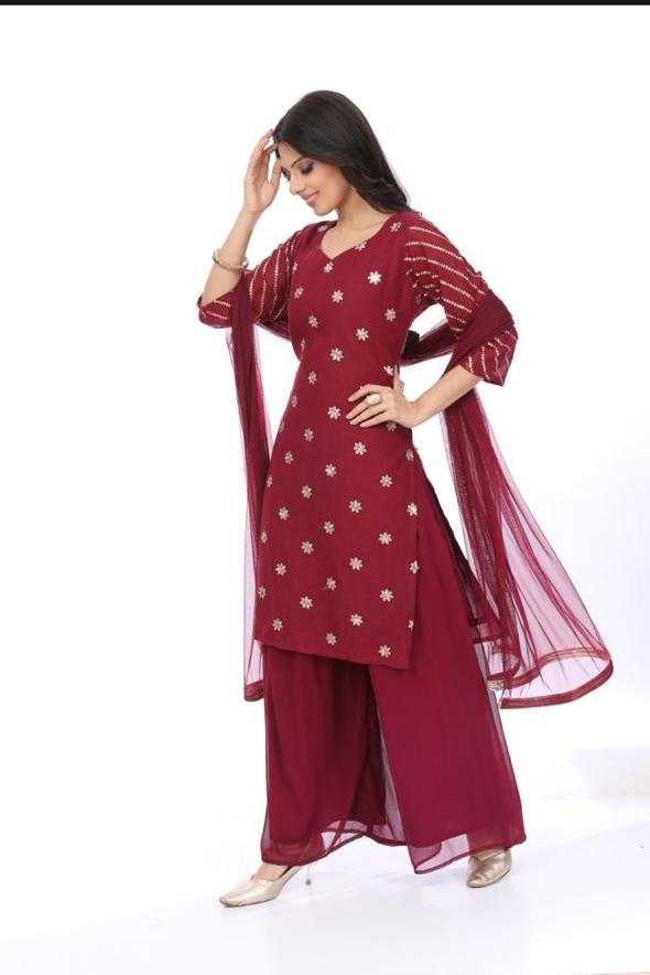 Maroon Floral Sequin Embroidered Kurta - KURTI PANT WITH DUPATTA - Rever