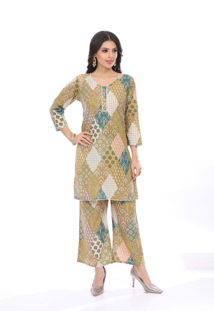 "Multicolor Patchwork Printed Kurta Set with Palazzo" - KURTI PANT - Rever