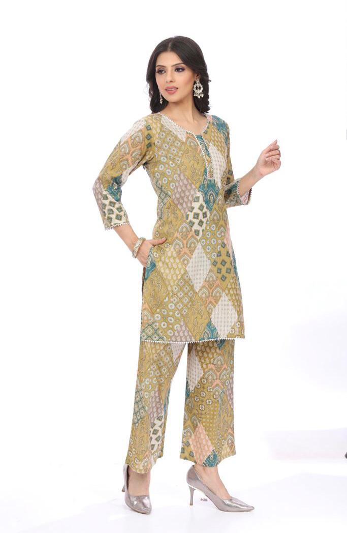 "Multicolor Patchwork Printed Kurta Set with Palazzo" - KURTI PANT - Rever