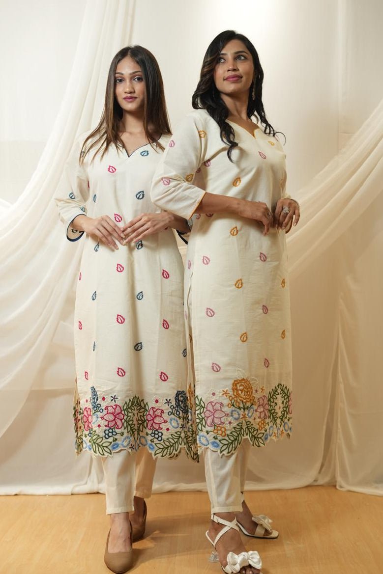 Multicolored Embroidered Border Kurta Set - KURTI SET - Rever