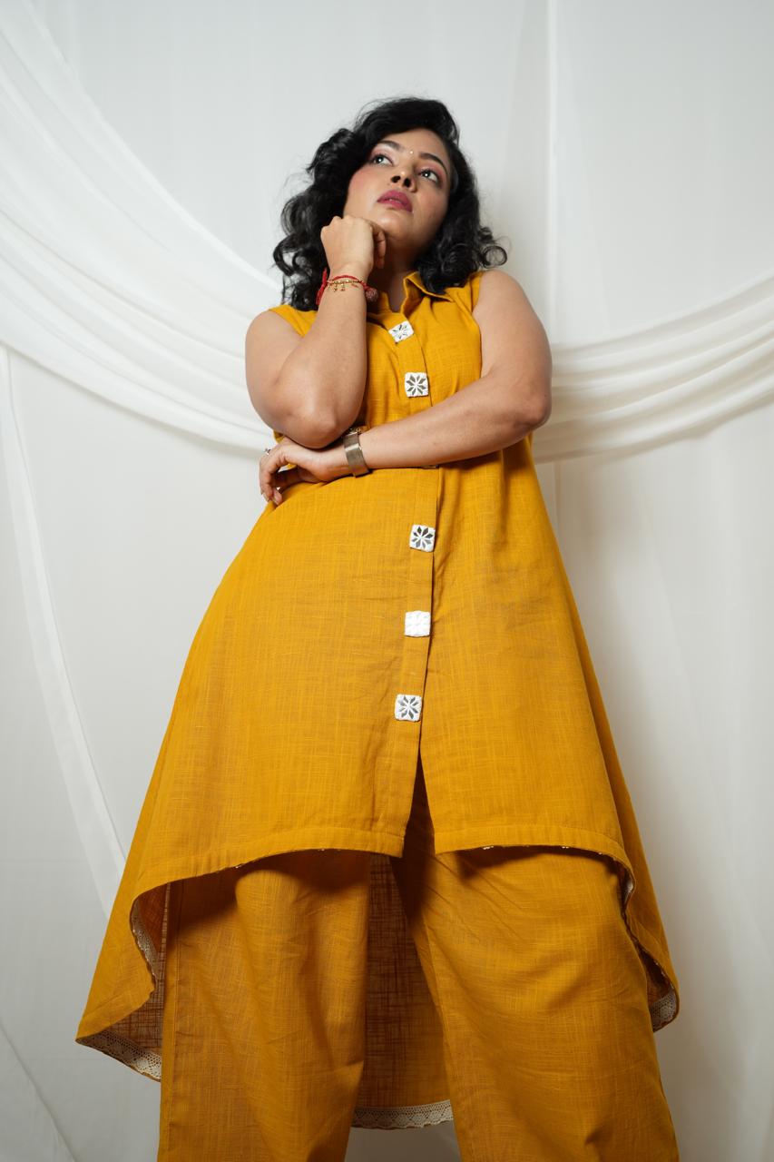 Mustard Asymmetric High - Low Kurta Set - CORD SET - Rever
