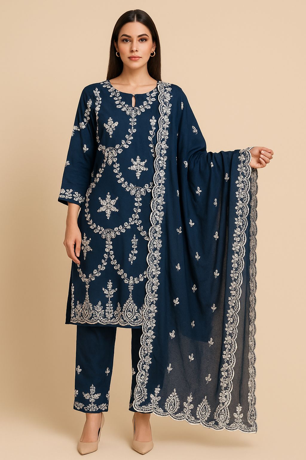 Navy Blue Embroidered Cotton Kurta Set - KURTI SET - Rever
