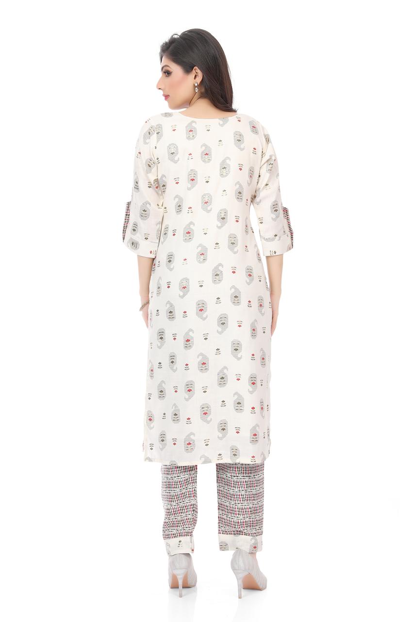 Off - White Artistic Motif Printed Kurta Set with Keyhole Neckline and Geometric Pants - KURTI PANT - Rever