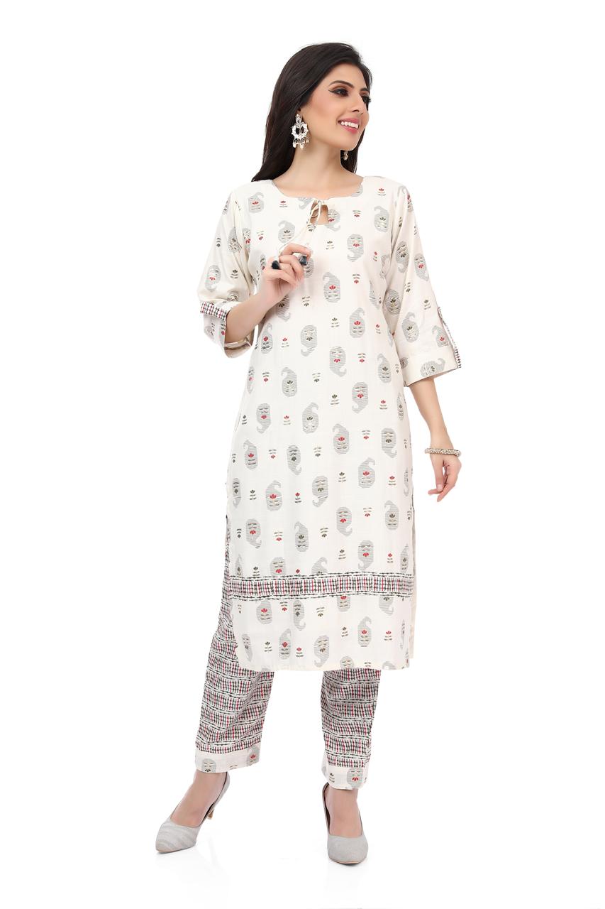 Off - White Artistic Motif Printed Kurta Set with Keyhole Neckline and Geometric Pants - KURTI PANT - Rever