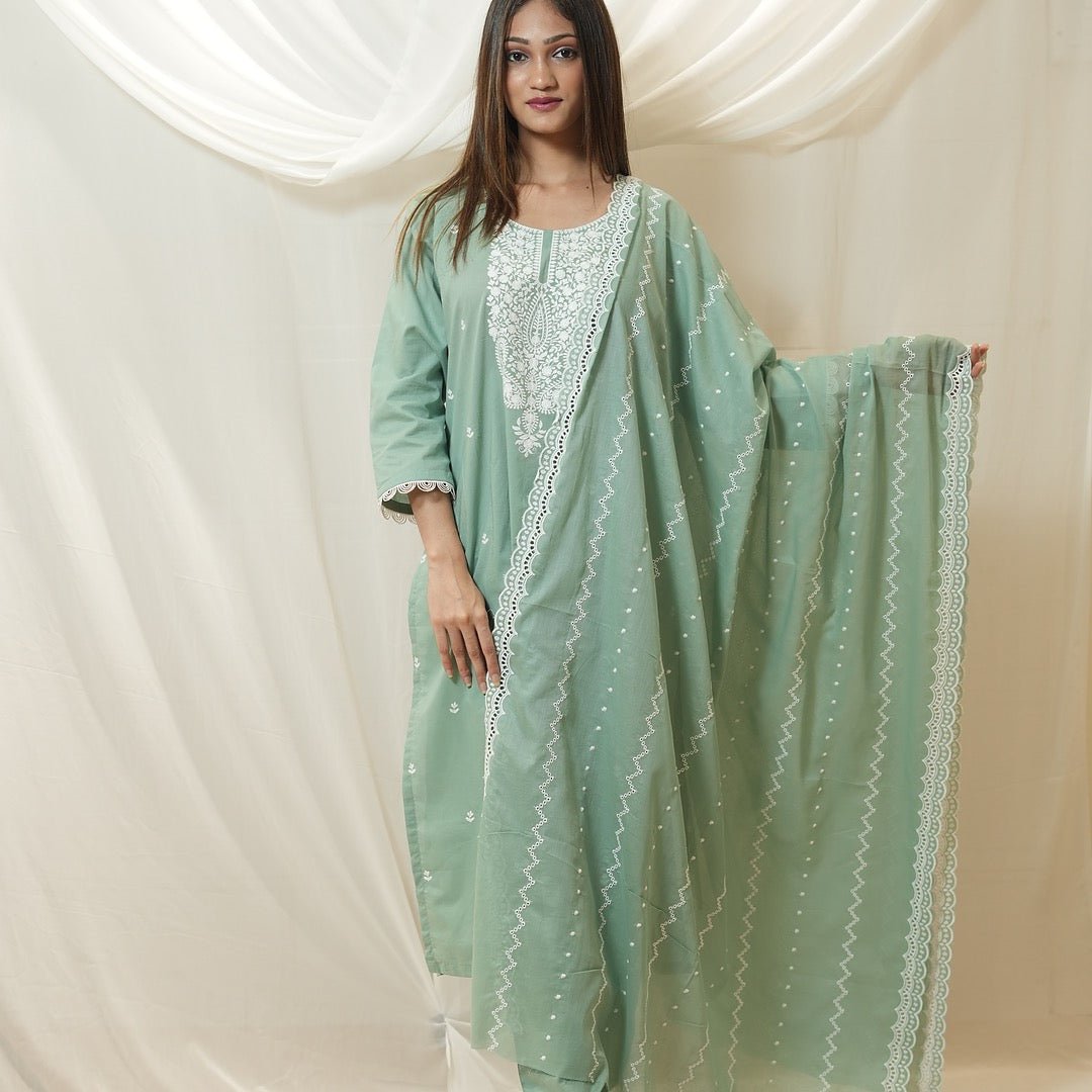 Pastel Charm Cotton Embroidered Suit Set - Rever