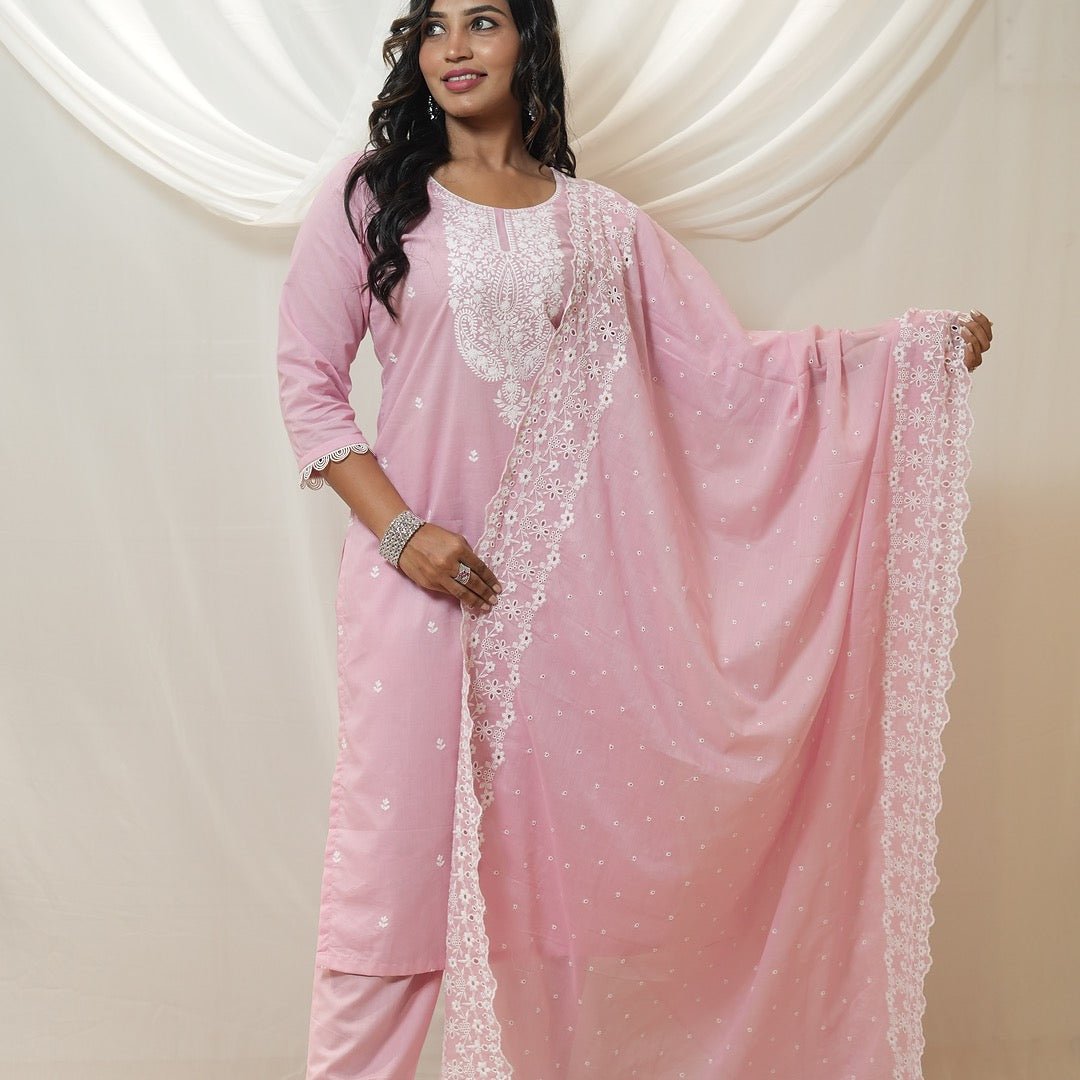 Pastel Charm Cotton Embroidered Suit Set - Rever