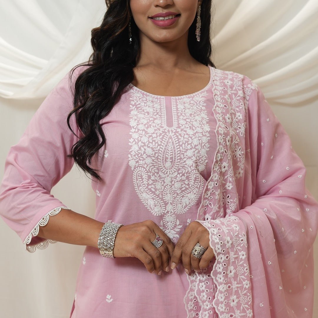 Pastel Charm Cotton Embroidered Suit Set - Rever