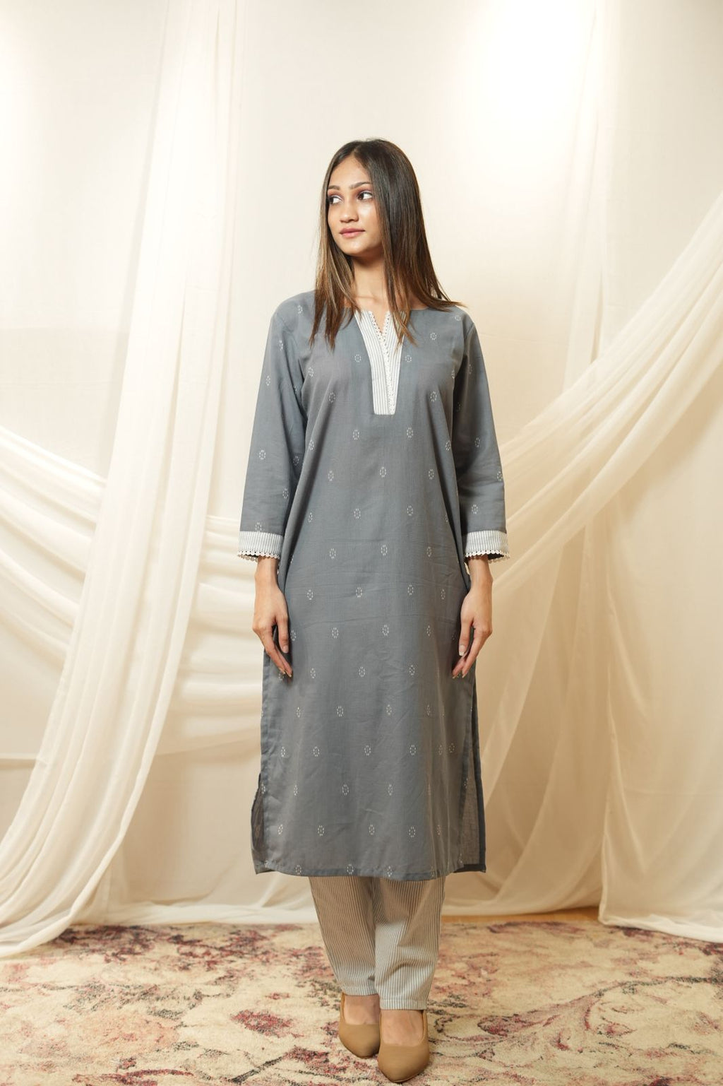 Pastel Minimal Kurta Set (Rose & Slate Grey) - KURTI PANT - Rever