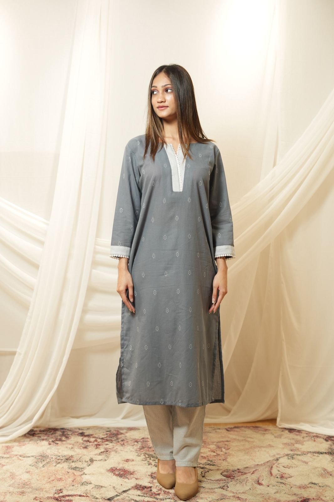 Pastel Minimal Kurta Set (Rose & Slate Grey) - KURTI PANT - Rever